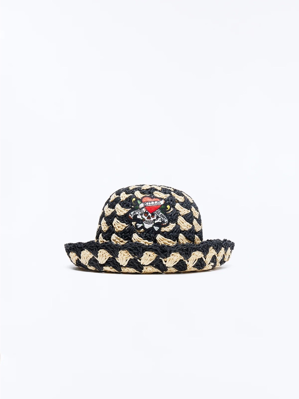 Ed Hardy Black and Beige Woven Straw Bowler Hat with Skull Patch
